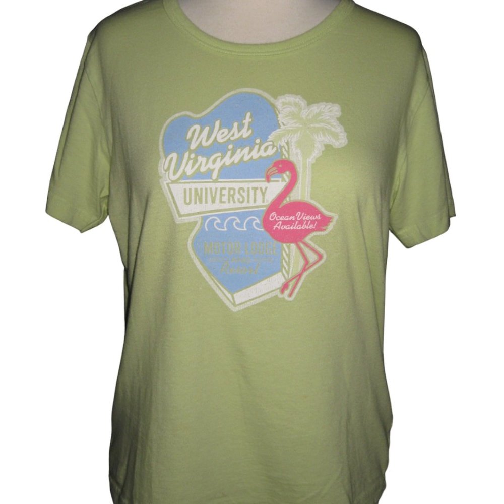 West Virginia University WVU Mountaineers Women's T Shirt Green w/ Flamingo Sz L